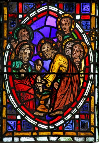 Fenster mit Darstellung von Christus wäscht die Füße seiner Jünger von French School